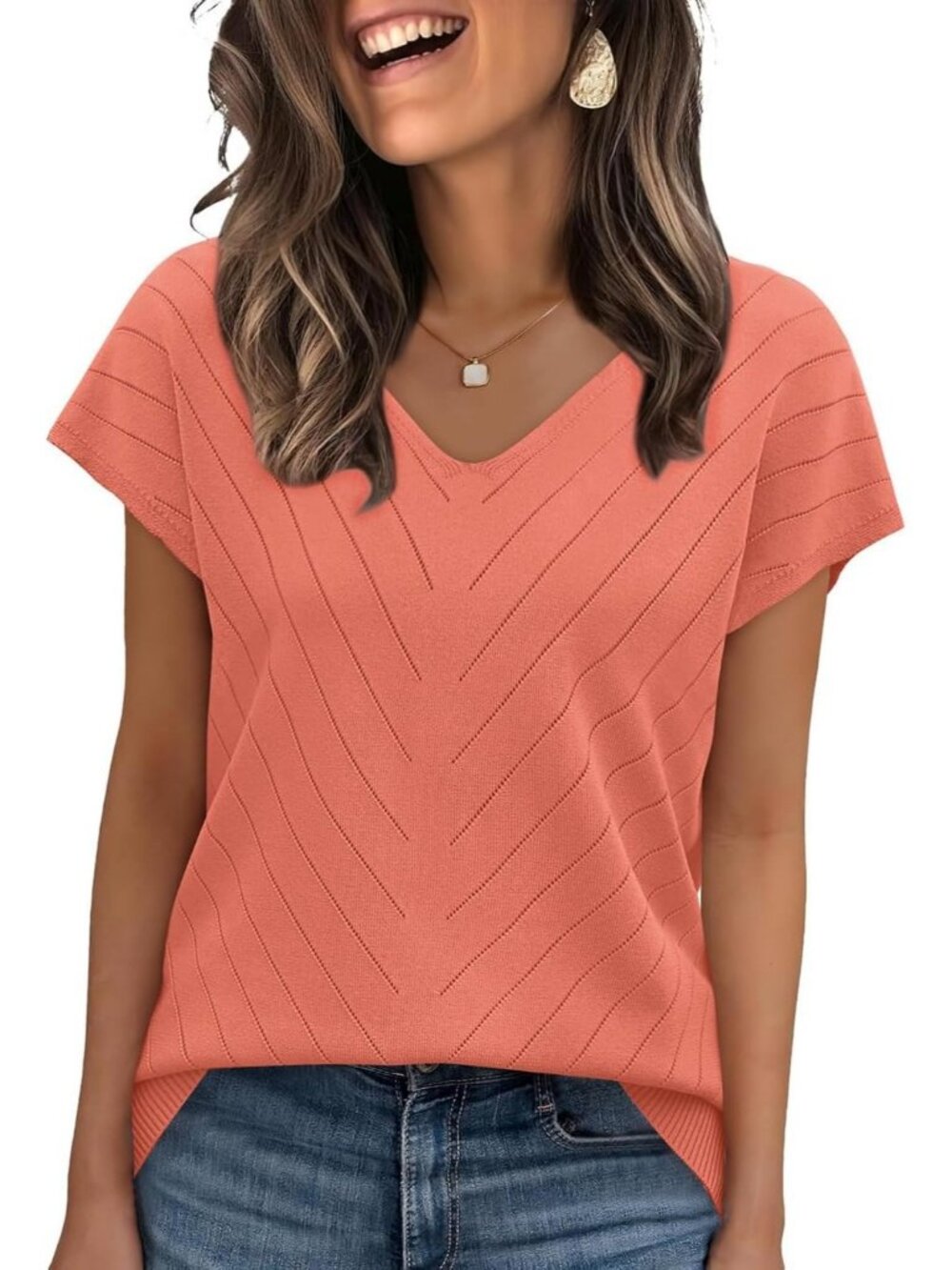 Women's Coral Trendy Summer Tops Sweater Pullover V-Neck Pull On Short Sleeve